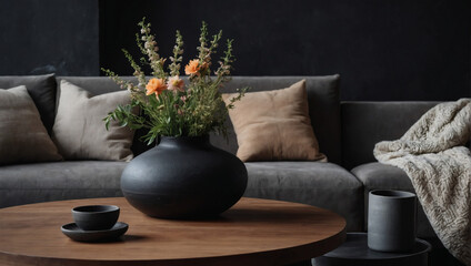 Round wood table with a clay vase and flowers, sofa against a black concrete wall, embodying modern Scandinavian home design.