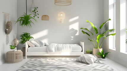 Radiant sunlight illuminates a minimal living room showcasing lush plants and a simple, comfortable design
