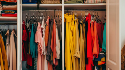 Organized closet with a colorful array of clothes, showcasing neatness and fashion variety.