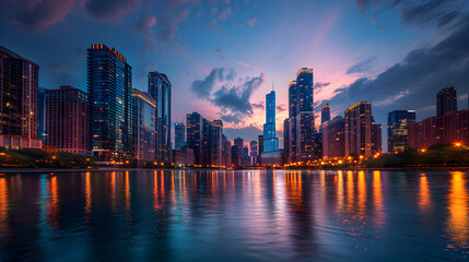 Panoramic Twilight Skyline with Glowing City Lights and Reflection on Water