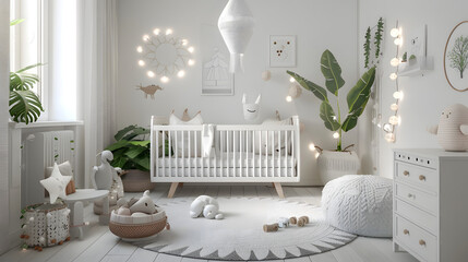A well-designed nursery with a white crib, soft playful toys and modern lighting, creating a soothing atmosphere - obrazy, fototapety, plakaty
