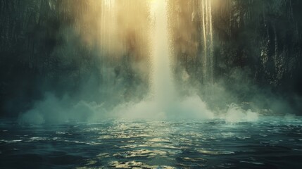 A scenic and ethereal image capturing rays of sunlight streaming through the dense mist of a serene...