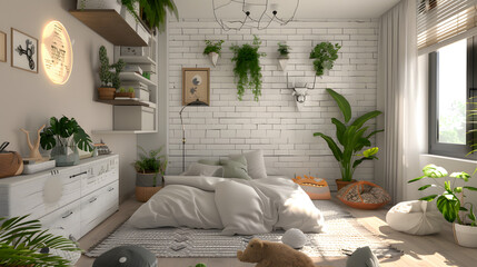 A bedroom snapshot capturing a cozy bed, rustic furniture, an abundance of plants, and soft lighting to create a warm, inviting space