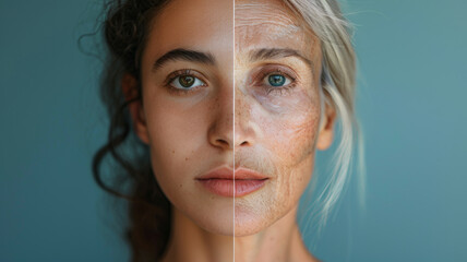 A half-face comparison of young and aged beauty. - obrazy, fototapety, plakaty