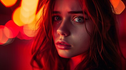 A close-up of a young woman's intense, expressive eyes surrounded by dramatic red lighting and soft bokeh