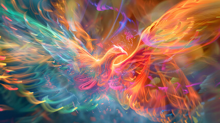 Holographic Abstract Phoenix in Vivid Colors Rising - obrazy, fototapety, plakaty