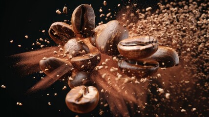 An impressive illustration of coffee beans, revealing the depth of flavour and uniqueness of each coffee bean, immersing the beholder in the richness and diversity of coffee culture  - obrazy, fototapety, plakaty