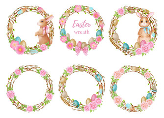 Watercolor Spring Easter wreath. Hand drawn tree branch with feathers, eggs, leaves, willow Frame illustration. Isolated design for invitations, greeting card, poster, print label concept. 