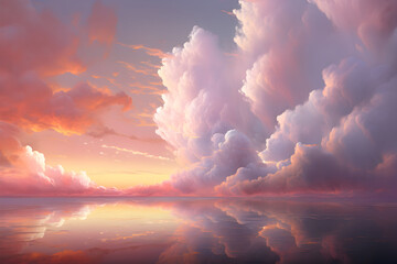 Cumulus clouds float in the sky over water creating a pink afterglow at dusk
