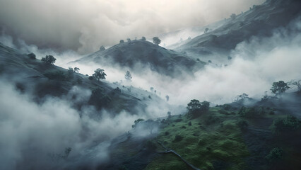 Ethereal Mountains Shrouded in Smoke and Fog. generative AI