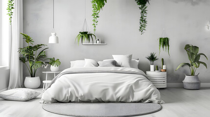 A bright and airy modern bedroom boasting a large bed with white linens and an array of potted green plants