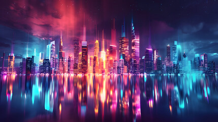 Futuristic City Skyline with Holographic Effect at Nighttime