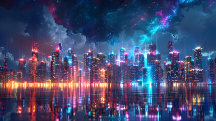 Cyberpunk Inspired Holographic City Reflection