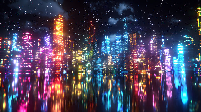 Dystopian Cityscape with Neon Hologram Projections