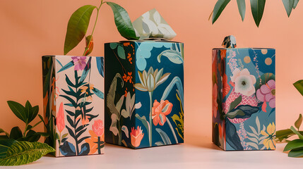Artistic Packaging with Floral Prints and Greenery