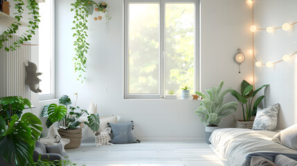 A spacious bedroom brightened by the festive string lights, adorned with plush cushions and surrounded by refreshing plant life - obrazy, fototapety, plakaty