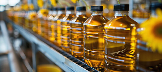 Sunflower oil. Plant for the production of edible oils. Line for the production and bottling of refined oil from sunflower seeds. - obrazy, fototapety, plakaty