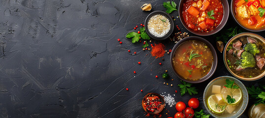 Top view of various types of soup, sauces and side dishes on dark background - obrazy, fototapety, plakaty
