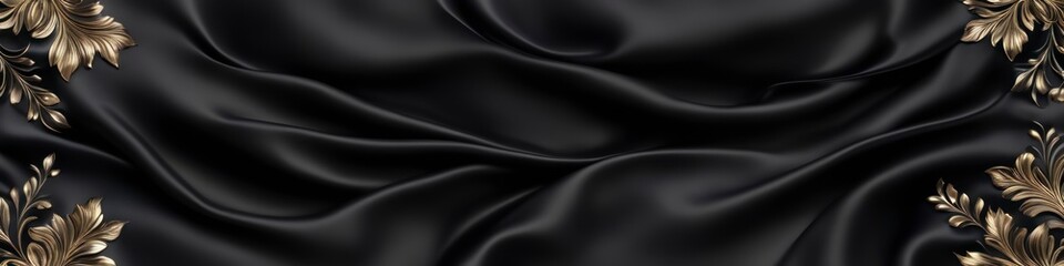 Black panoramic silk fabric background with blurred satin wavy texture, embellished with gold embroidery.
