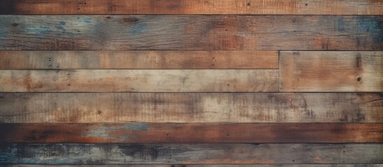 Fototapeta premium A closeup of a hardwood brown wooden wall with a blurred background, showcasing the intricate pattern of the wood grain and brickwork