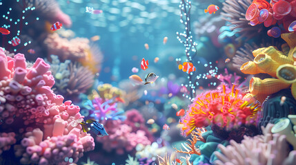 Fototapeta na wymiar Abstract Underwater Landscape with Holographic Coral Reefs