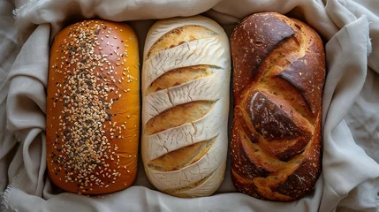 Fotobehang An overhead view of three perfectly baked bread loaves side by side. AI generate illustration © PandaStockArt