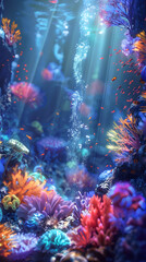 Fototapeta na wymiar Surreal Underwater Scene with Holographic Corals and Fish
