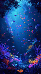 Fototapeta na wymiar Bioluminescent Underwater Scene with Tropical Fish
