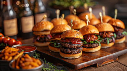 Close-up shot of gourmet burgers with glazed beef patties, fresh veggies, and rich sauces on a dark...