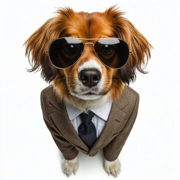 A stylish dog dressed in a suit and wearing sunglasses poses confidently.