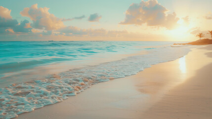 Beautiful beach, white sand and turquoise water, soft pastel colors, golden hour, sunset