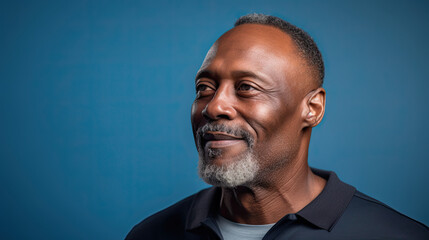 Mature Black Man Looking Left on a Blue Background