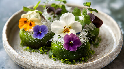 Edible Flowers on Green Avocado Dish, Close-up
