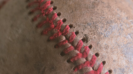 Old grunge dirty baseball leather closeup shows dirty ball from sports game. - 757418001