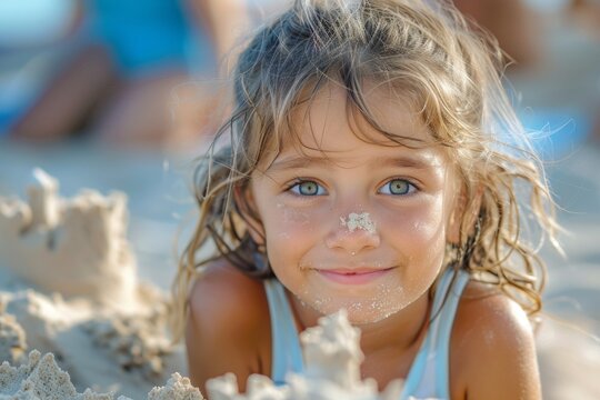 Close up of a little girl is smiling and making a sandcastle on the beach. Summer concept.