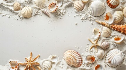 Top view sand and seashells tropical beach with copy space background. AI generated image