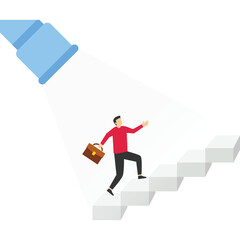 Concept of business consulting, HR recruiting, hands-on coaching, career navigation or guidelines for success concept. Businesswoman walking on stairs towards beam from flashlight, flat vector design.