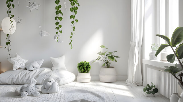 A bright daytime children's room adorned with hanging stars, lanterns, and ample greenery, exuding charm and playfulness