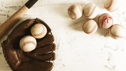Baseball sports equipment flat lay nostalgia background with copy space.