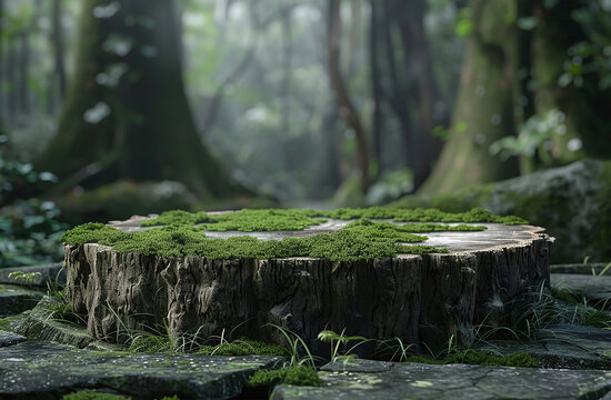 Close-up photo of a moss-covered stump podium with a forest background