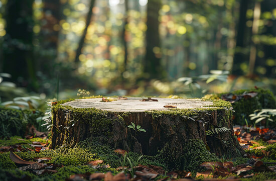 Close-up photo of a moss-covered stump podium with a forest background