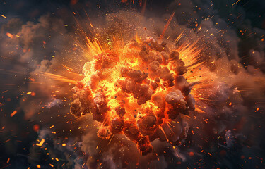Explosion with smoke and sparks on an isolated dark background. A large fireball bursts out of the ground, surrounded by thick clouds of ash and dust.