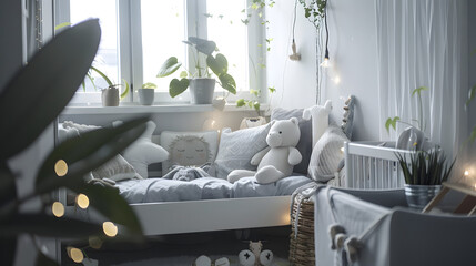 Cozy child's room with soft lighting, gleeful stuffed toys, and a relaxing, secure atmosphere