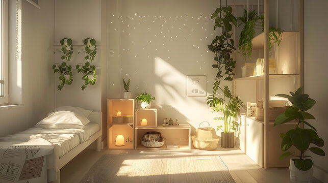 A dreamy bedroom with a starry night light projection, cozy bed, and plants creating a peaceful and whimsical space