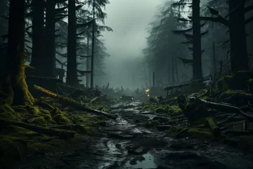 Foto auf Acrylglas Antireflex Muddy stream flowing through dense forest in a dark ecoregion under a cloudy sky © JackDong