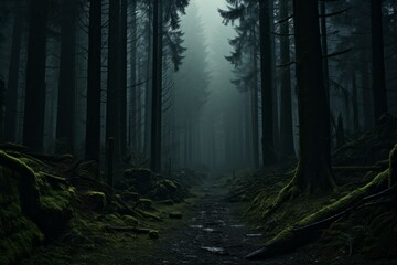 Misty forest with path cutting through dense woods