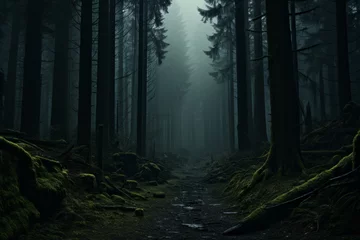 Zelfklevend Fotobehang Misty forest with path cutting through dense woods © JackDong