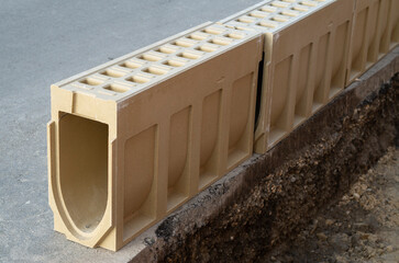 Monolithic drainage system. Water collection shaft made of polymer concrete