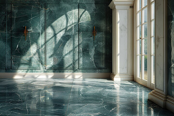 Interior of a living room with marble walls and floor. Created with Ai - obrazy, fototapety, plakaty