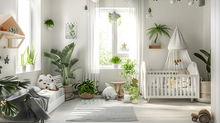 A soft and inviting nursery room filled with sunlight, natural wood furniture, and green plants